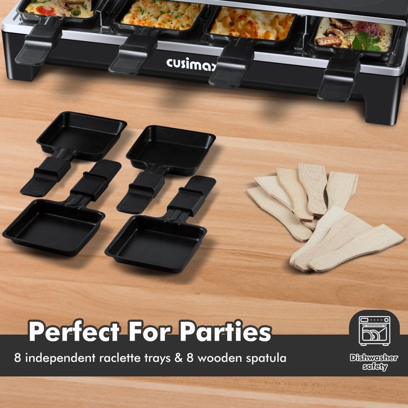 CUSIMAX شواية طاولة راكليت، شواية كهربائية، شواية داخلية للشواء الكوري مع لوحة غير لاصقة قابلة للعكس 2 في 1، صانع كريب مع تحكم في درجة الحرارة القابلة للتعديل، 8 مقالي راكليت وملاعق خشبية - Image 5