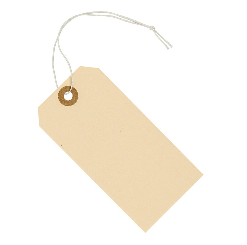 EZDOM Tags with Elastic String Attached - #5, 4 3/4" x 2 3/8" Box of 200 Manila Paper Label Tags with Elastic Loop and Reinforced Hole - Image 1