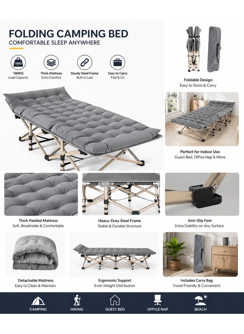 HUMJO Folding Camping Bed with Mattress Portable Single Bed for Adults Outdoor Travel Home Guest Bed Office Rest Sunbath, with Storage Bag - Image 3