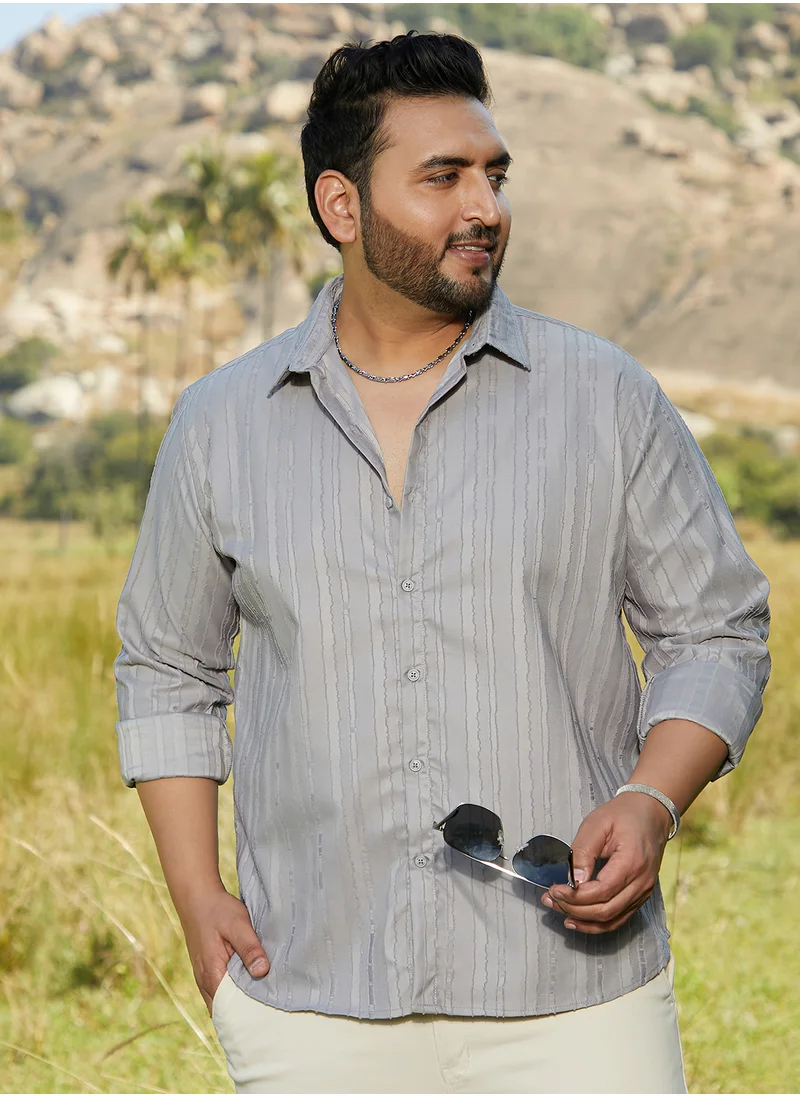 انستافاب بلس Instafab Plus Men's Coin Grey Ripple-Edge Shirt For Casual Wear | Spread Collar | Long Cuffed Sleeves | Button Closure | Plus Size Shirt Crafted With Comfort Fit For Everyday Wear