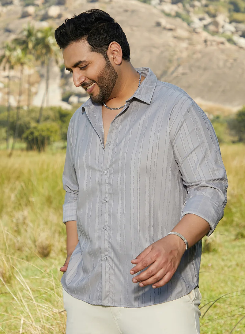 Instafab Plus Instafab Plus Men's Coin Grey Ripple-Edge Shirt For Casual Wear | Spread Collar | Long Cuffed Sleeves | Button Closure | Plus Size Shirt Crafted With Comfort Fit For Everyday Wear