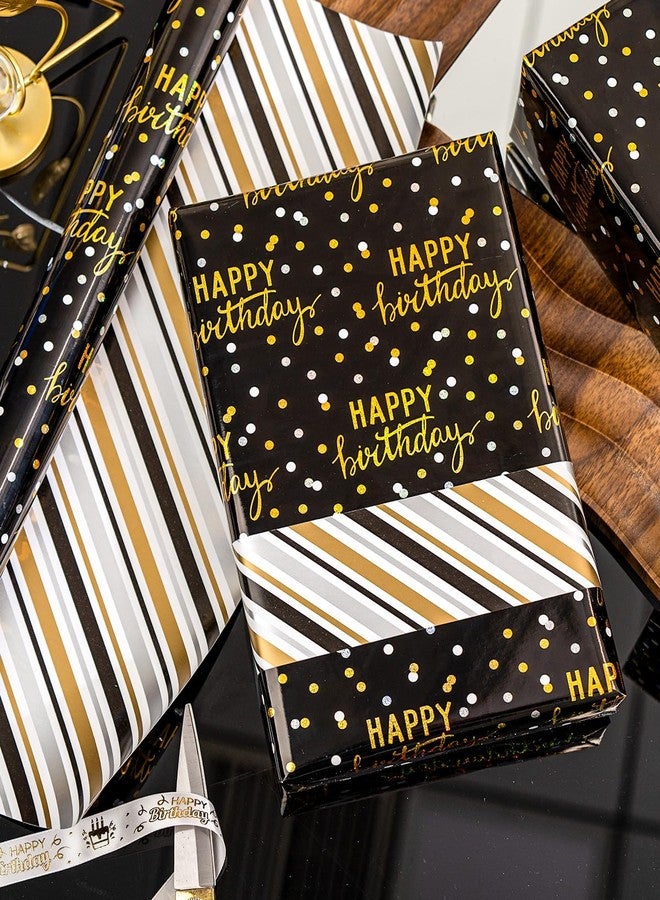 MAYPLUSS Birthday Wrapping Paper Roll, Black Metallic Holographic Happy Birthday Wrapping Paper Featuring Revesible Stripe Gift Wrap Paper for Boys Kids Girls Men, 17 Inches x 33 Feet - Image 2
