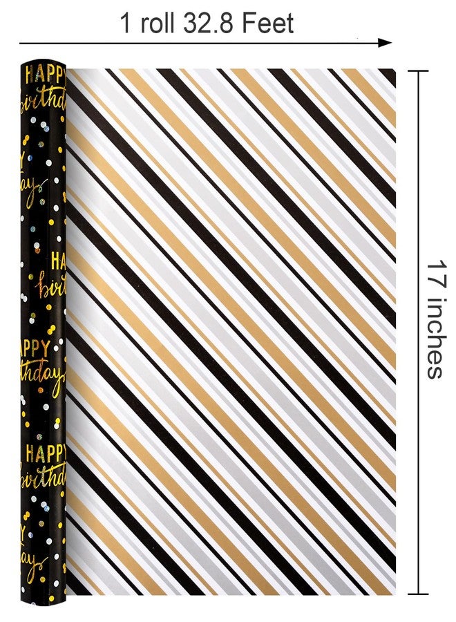 MAYPLUSS Birthday Wrapping Paper Roll, Black Metallic Holographic Happy Birthday Wrapping Paper Featuring Revesible Stripe Gift Wrap Paper for Boys Kids Girls Men, 17 Inches x 33 Feet - Image 4