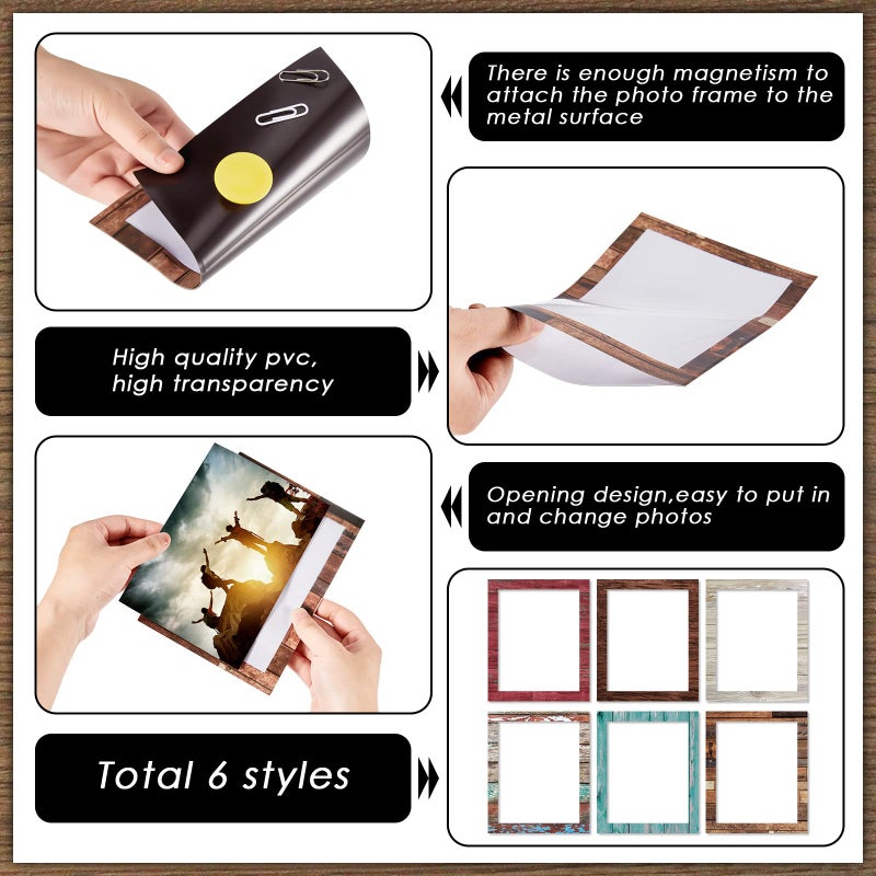 Tatuo 6 Pack 5x7 Magnetic Picture Frames Rustic Distressed Farmhouse Wood Pattern Fridge Picture Frame Magnets for Christmas Refrigerator Locker Home Classroom Office - Image 3