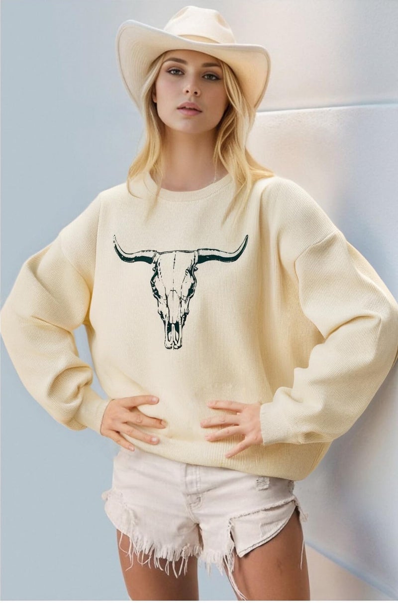 UNIQUEONE Boho Cow Skull Sweatshirt Women Cowgirl Shirt Rodeo Western Country Concert Outfits Nashville Graphic Pullover Tops Apricot - Image 2