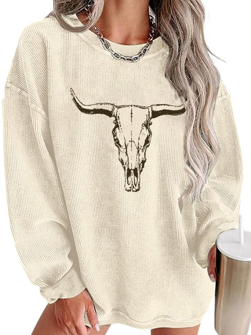 UNIQUEONE Boho Cow Skull Sweatshirt Women Cowgirl Shirt Rodeo Western Country Concert Outfits Nashville Graphic Pullover Tops Apricot - Image 1