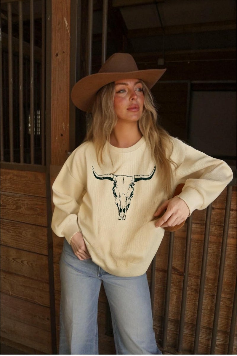 UNIQUEONE Boho Cow Skull Sweatshirt Women Cowgirl Shirt Rodeo Western Country Concert Outfits Nashville Graphic Pullover Tops Apricot - Image 3