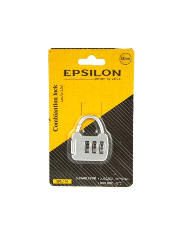Epsilon 35mm 3-Digit Combination Padlock, Resettable Number Lock, Durable Security Lock for Luggage, Backpack, Toolbox, Locker, Gate & Travel Use, Anti-Corrosion Metal Finish, Silver - EPSL174 - Image 1
