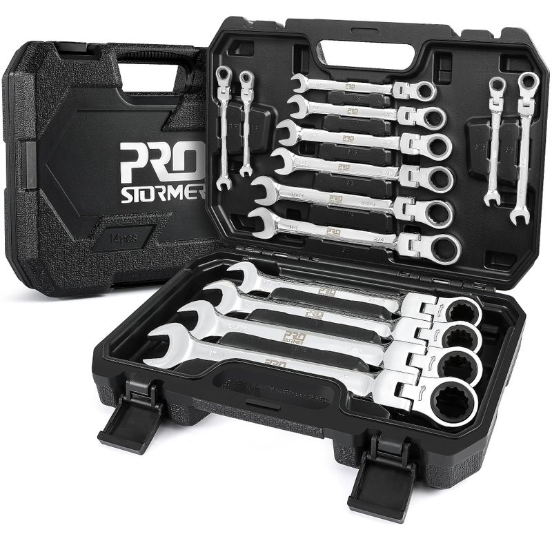 Prostormer 14Piece SAE FlexHead Ratcheting Wrench Set 14 to 1 Combination Wrench Kit with Storage Case 72 Tooth CrV Steel Constructed