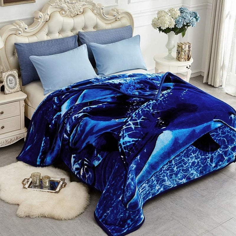 JYK Korean Faux Mink Fleece Blanket 83" X 91", 5.7 LB - 2 Ply Reversible Soft Warm Plush Flannel Blanket (Dolphin/Lion, King) - Image 2