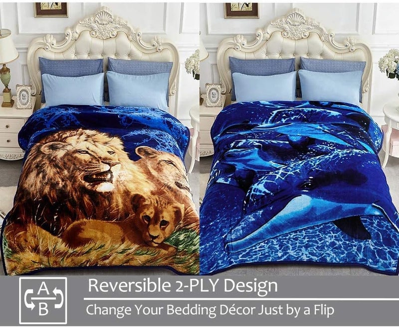 JYK Korean Faux Mink Fleece Blanket 83" X 91", 5.7 LB - 2 Ply Reversible Soft Warm Plush Flannel Blanket (Dolphin/Lion, King) - Image 3