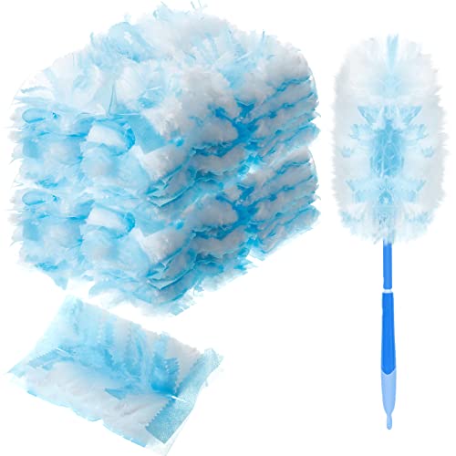Vesici 100 Pcs Duster Refills Compatible with Swiffer Dusters Bulk Disposable Replacement Thickened with 1 Handle Heavy Duty for Cleaning Office Blue
