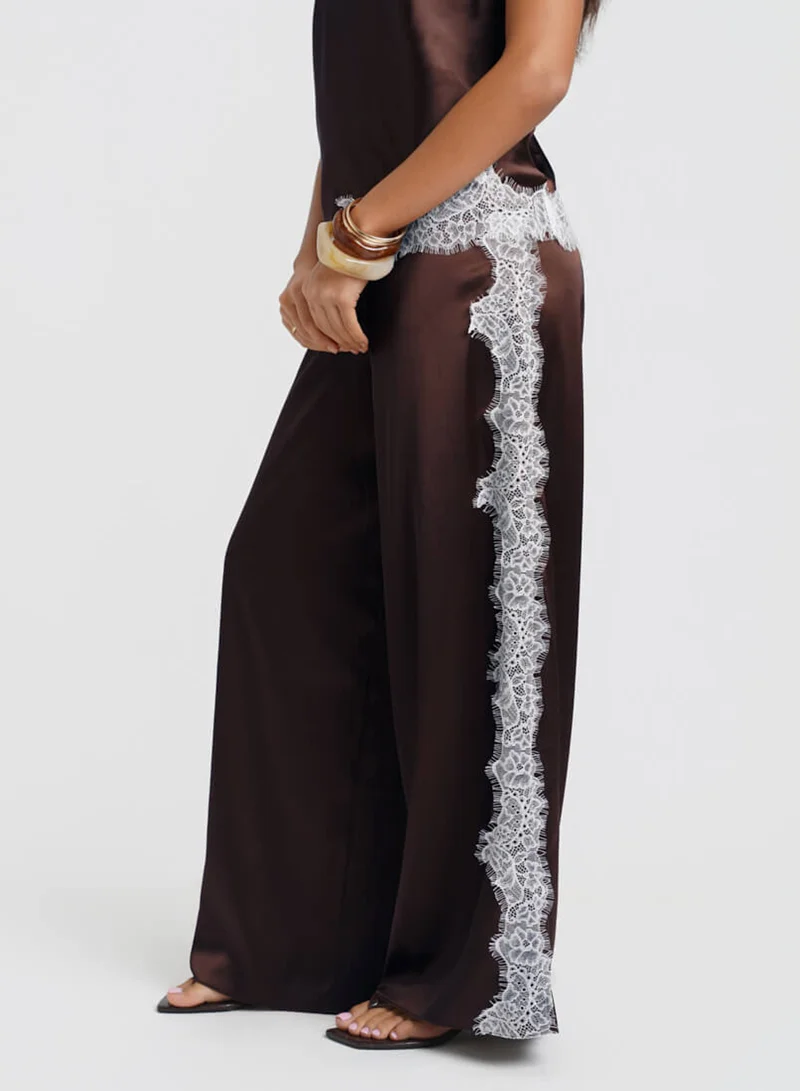 Needs No Label  Brown Satin Lace Mix Co-ord Trousers for Women | Best Price UAE