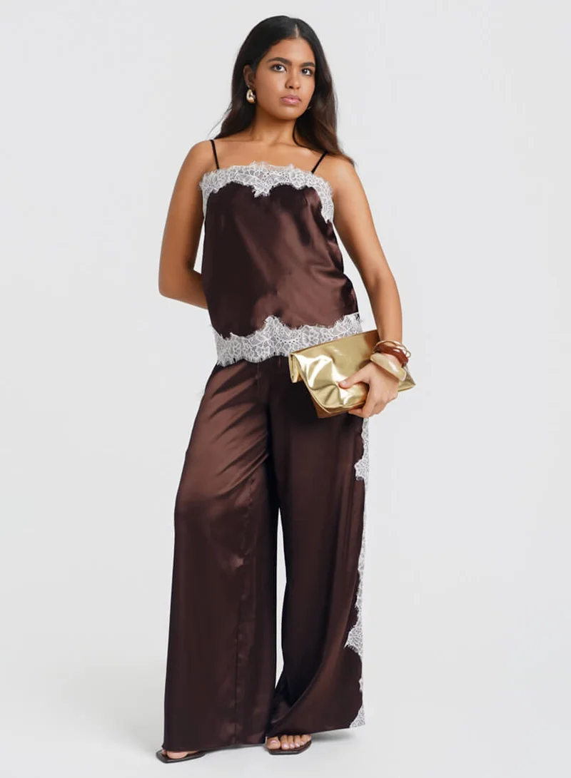 Needs No Label  Brown Satin Lace Mix Co-ord Trousers for Women | Best Price UAE