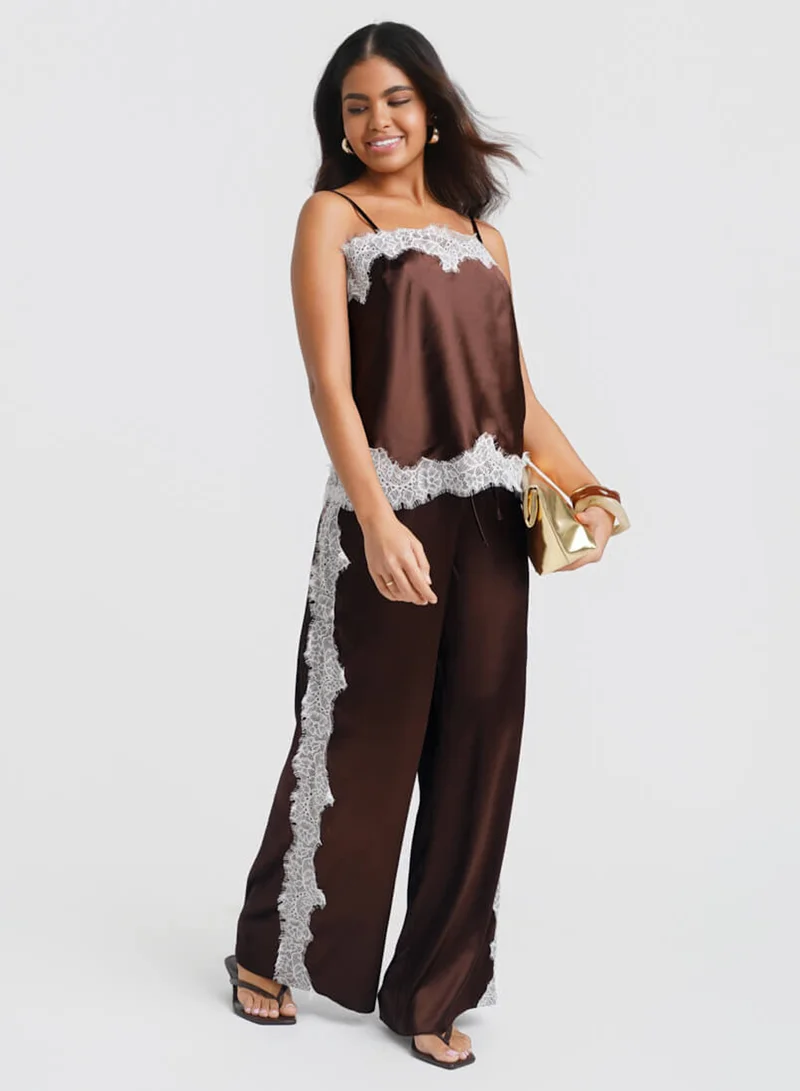 Brown Satin Lace Mix Co-ord Trousers