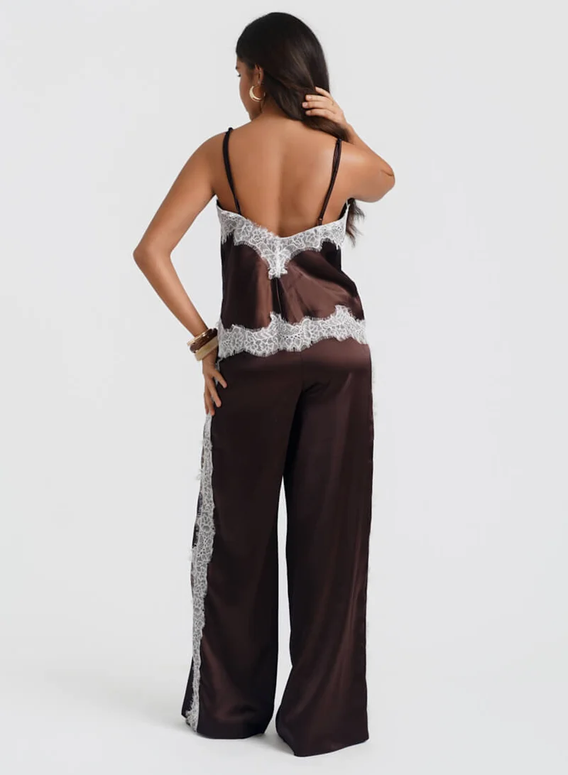 Needs No Label  Brown Satin Lace Mix Co-ord Trousers for Women | Best Price UAE