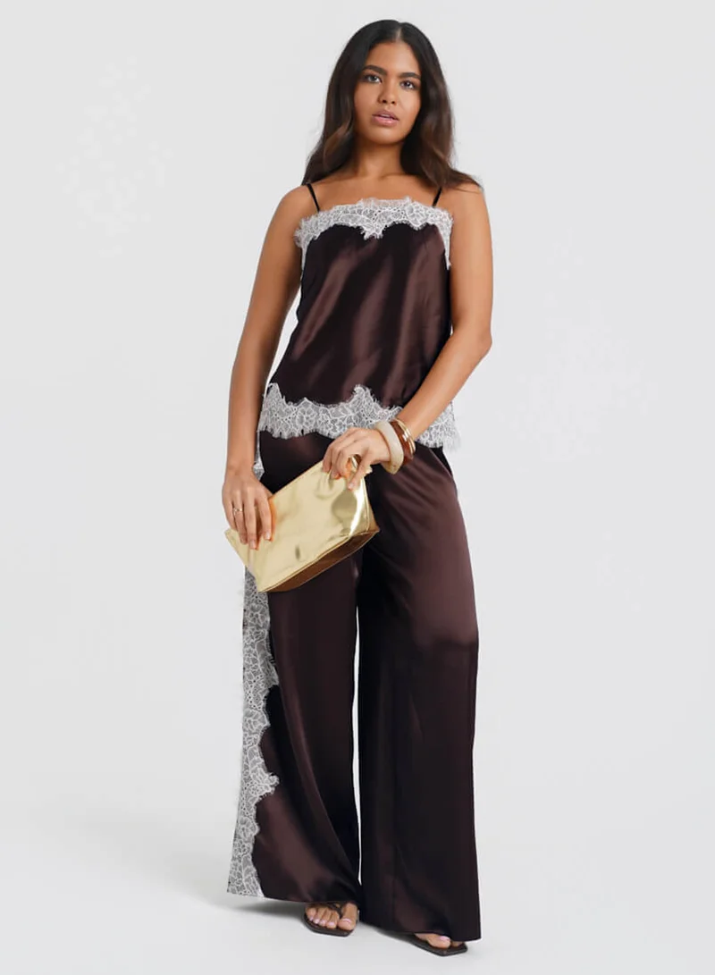 Needs No Label  Brown Satin Lace Mix Co-ord Trousers for Women | Best Price UAE