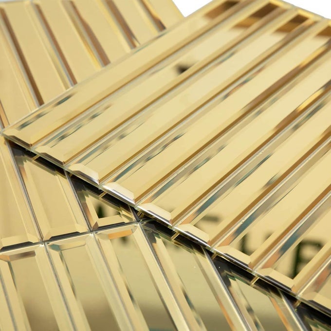BEVELED MIRROR BACKSPLASH TILES FOR KITCHEN GOLD STRIP 12X12 INCH MIRROR TIILE FOR BATHROOM ACCENT WALL PACK OF 5 SQFT