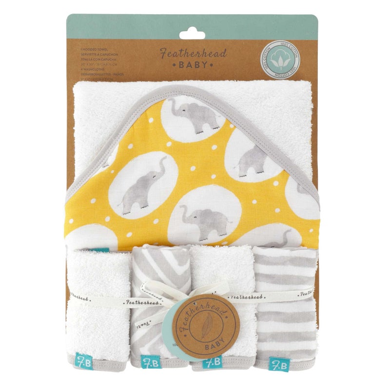 Featherheadâ„¢ 5-Piece 100% Cotton Muslin Hooded Bath Towel & Washcloths Unisex Set for Baby Boy & Girl - Ultra Soft and Extra Absorbent - Newborn Essential & Perfect Baby Registry Gift (Grey Elephant) - Image 2