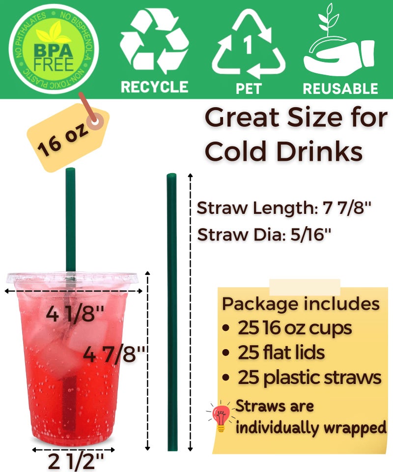 Aatriet 16 oz Clear Plastic Cups with Lids and Straws  Disposable Coffee Cups 25 Sets - Image 2