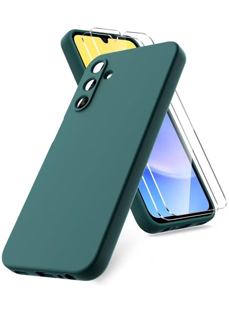 TIGER Samsung Galaxy A15 4G/5G Case with 2-Pack Tempered Glass Screen Protectors – Slim Fit Liquid Silicone Soft TPU Back Cover with Shockproof Drop Protection, Anti-Slip, Scratch Resistant, Camera & Screen Safe, Midnight Green Rubber Gel Protective Case, 6.5-Inch - Image 1