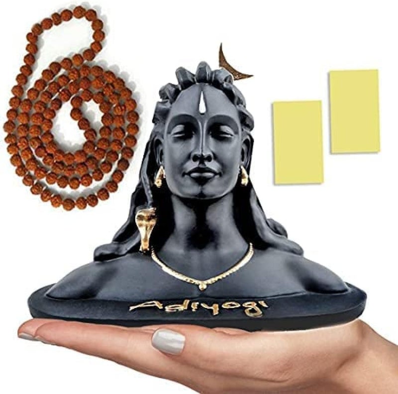 JD FRESH تمثال Adiyogi 3 بوصة مع مسبحة رودراكشا لإكسسوارات السيارة للوحة القيادة، وللعبادة والهدايا، وديكور المنزل والمكتب، صنع في الهند - Image 1