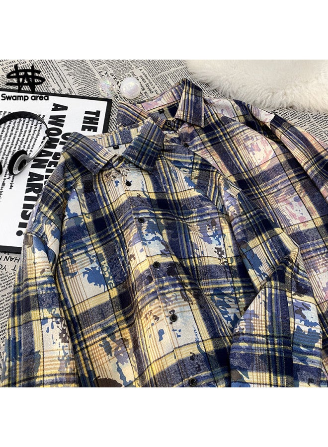 Swamp Area Plaid Shirt For Men And Women, Spring And Autumn Long-sleeve Checkered Shirt, American Retro Style Jacket Cs389 Blue 2XL - Image 2