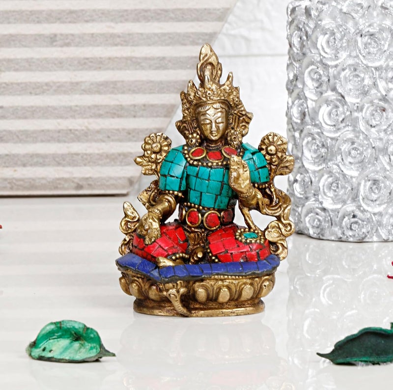 ARTVARKO Tara Devi Statue Brass Tibetan Goddess Religious Green Tara Statue for Health Happiness Wealth Idol Home Decor Sculpture 35 Inches - Image 1