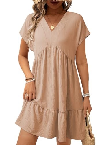 Acelitt Women's Summer Dresses 2026 Beach Casual Deep V Neck Loose Sundress Short Sleeve Mini Dress with Pockets Beach Outfits Pink Medium - Image 1