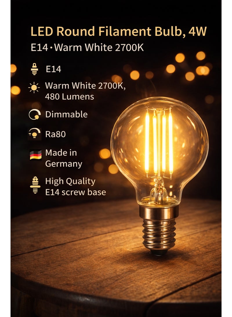 Dimmable LED 4W E14 Round bulb, Filament Type lamp, 2700K, Warm light, 480LM - Made in Germany - Image 5