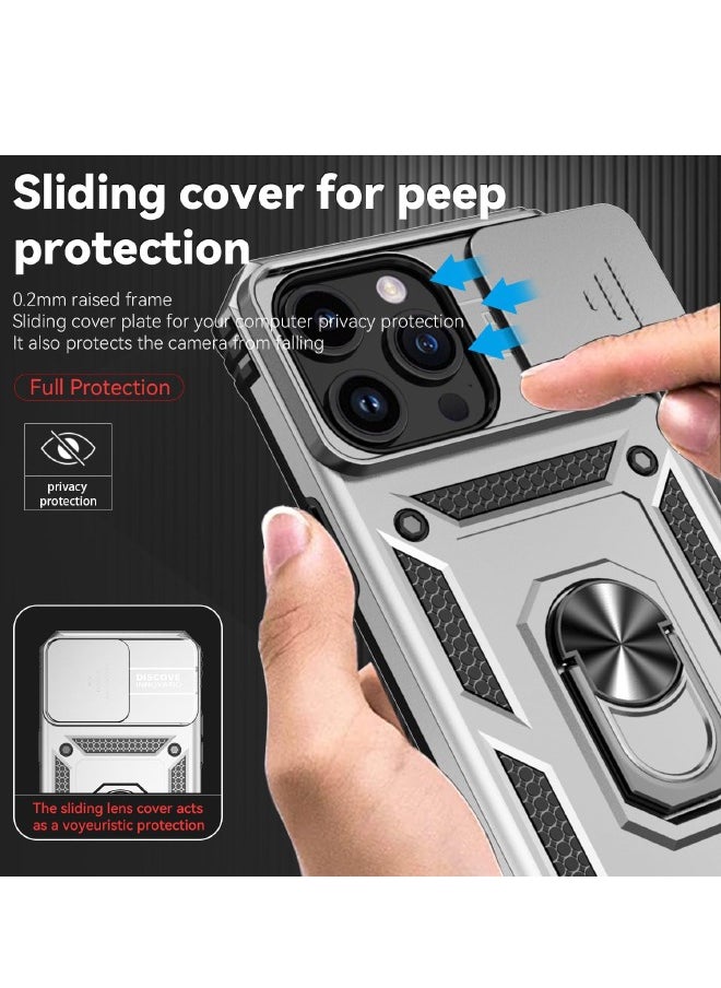 RUGGED SHIELD - iPhone 15 Pro Max Case, Slide Camera Cover, Built in 360° Rotate Ring Kickstand, Drop Proof Shockproof Test, Heavy Duty Shockproof Protective Case for iPhone 15 Pro Max 6.7 inch Sliver - Image 1