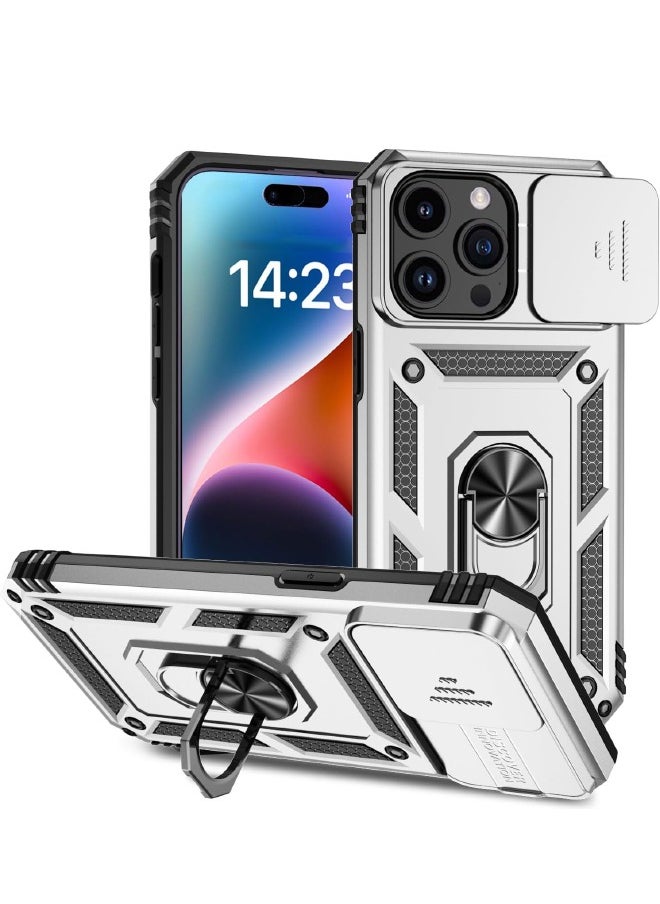 RUGGED SHIELD - iPhone 15 Pro Max Case, Slide Camera Cover, Built in 360° Rotate Ring Kickstand, Drop Proof Shockproof Test, Heavy Duty Shockproof Protective Case for iPhone 15 Pro Max 6.7 inch Sliver - Image 1