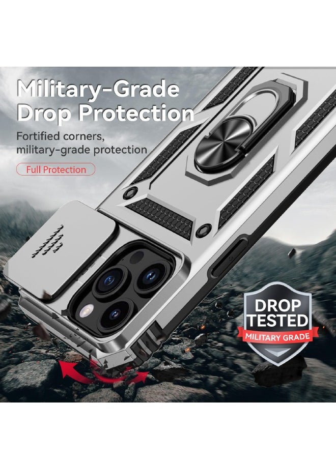 RUGGED SHIELD - iPhone 15 Pro Max Case, Slide Camera Cover, Built in 360° Rotate Ring Kickstand, Drop Proof Shockproof Test, Heavy Duty Shockproof Protective Case for iPhone 15 Pro Max 6.7 inch Sliver - Image 1