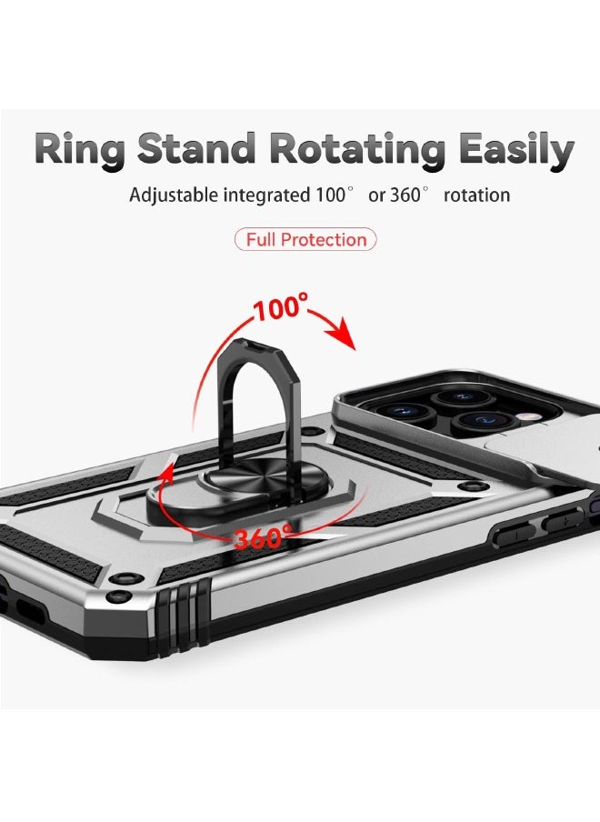 RUGGED SHIELD - iPhone 15 Pro Max Case, Slide Camera Cover, Built in 360° Rotate Ring Kickstand, Drop Proof Shockproof Test, Heavy Duty Shockproof Protective Case for iPhone 15 Pro Max 6.7 inch Sliver - Image 1