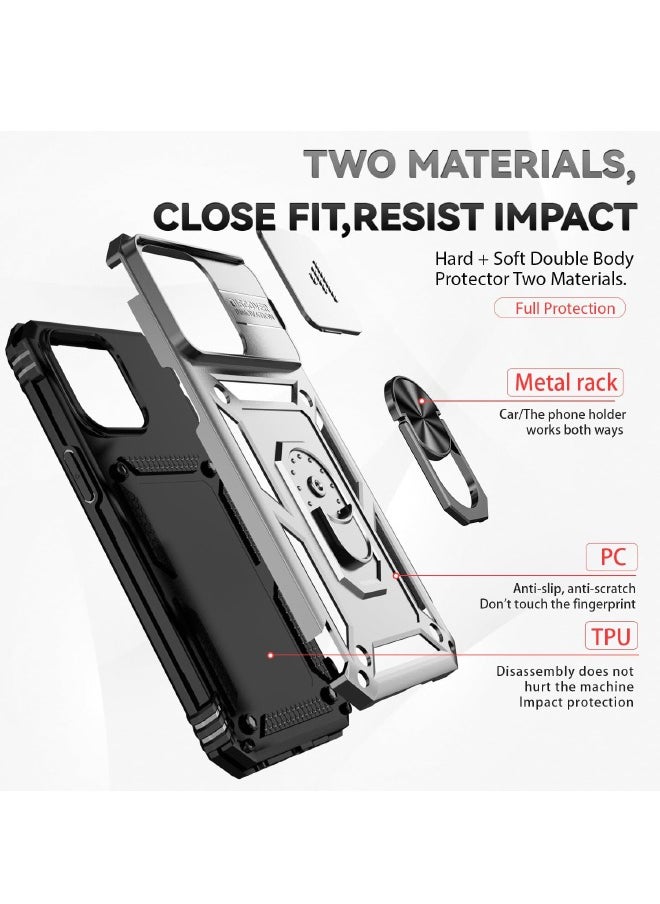 RUGGED SHIELD - iPhone 15 Pro Max Case, Slide Camera Cover, Built in 360° Rotate Ring Kickstand, Drop Proof Shockproof Test, Heavy Duty Shockproof Protective Case for iPhone 15 Pro Max 6.7 inch Sliver - Image 1