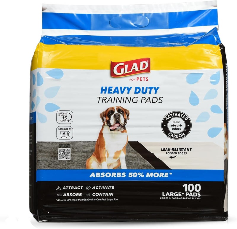 Glad for Pets Heavy Duty Activated Carbon Training Pads, 24" x 24" 100ct | Ultra Absorbent Training Pads - Absorbs 50% More Than Standard Pad in Same Size; Heavy Duty Puppy Potty Training Pads - Image 1