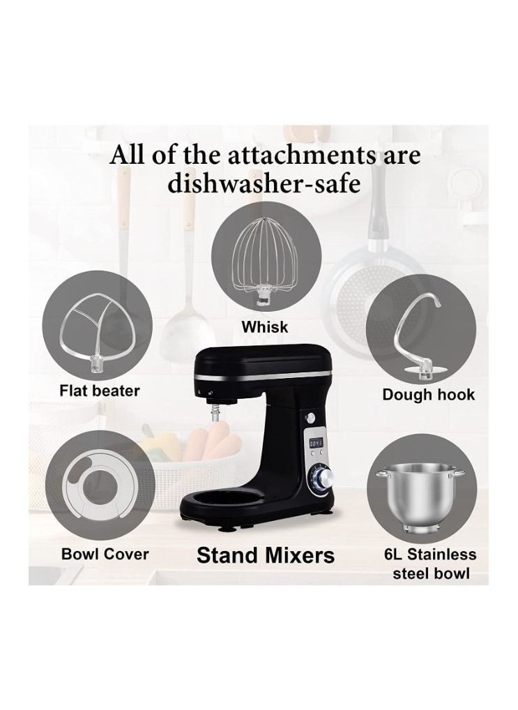 Biolomix - Biolomix Stand Mixer, Super Quiet 6L Kitchen Electric Stand Mixer, 6- Speed Dough Kneader Cake Bread Mixer with LCD Display Timer with Dough Hook, Beater, Whisk-Black, BM-601 - Image 1