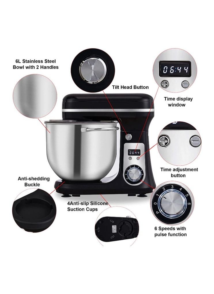 Biolomix - Biolomix Stand Mixer, Super Quiet 6L Kitchen Electric Stand Mixer, 6- Speed Dough Kneader Cake Bread Mixer with LCD Display Timer with Dough Hook, Beater, Whisk-Black, BM-601 - Image 1