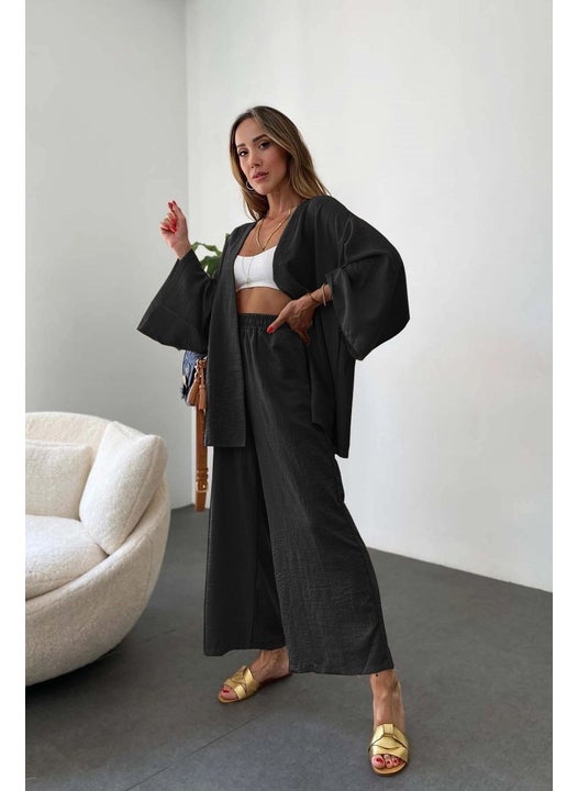 Linen Women's Casual Kimono Two Piece Set LN29SIYAH2