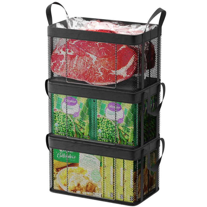 iSPECLE Freezer Organizer Bins, 3 Pack 14.7" Large Stackable Deep Freezer Organizer Bins for 5 to 7 Cu.Ft Chest Freezer, Sturdy Fabric & Stainless Steel for Meat & Vegetables, Easy Access, Black - Image 1