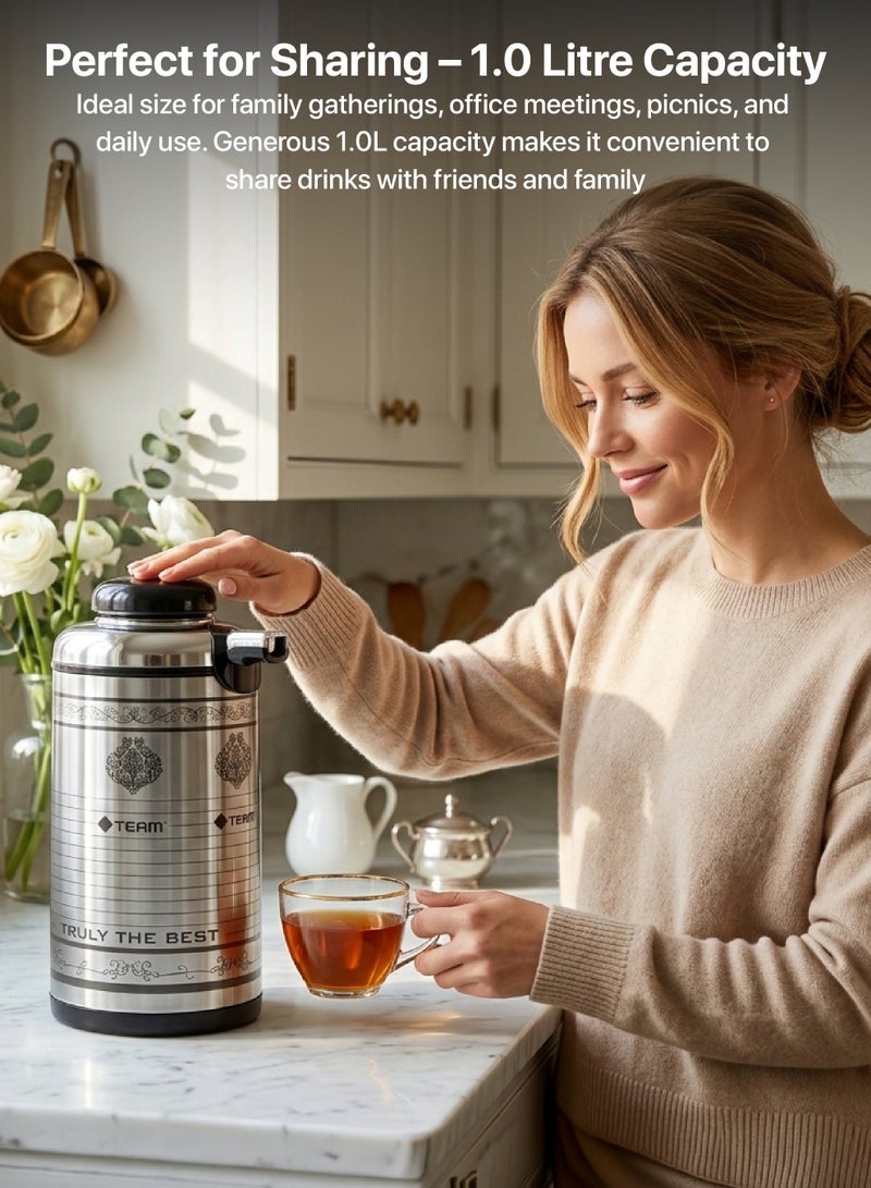TEAM Vacuum Flask | 1 Litre Hot & Cold Thermos Bottle | Stainless Steel Double Wall | 24 Hours Temperature Retention | Portable Travel Flask with Sturdy Handle | Leak‑Proof Thermal Bottle for Home, Office, Outdoor - Image 4