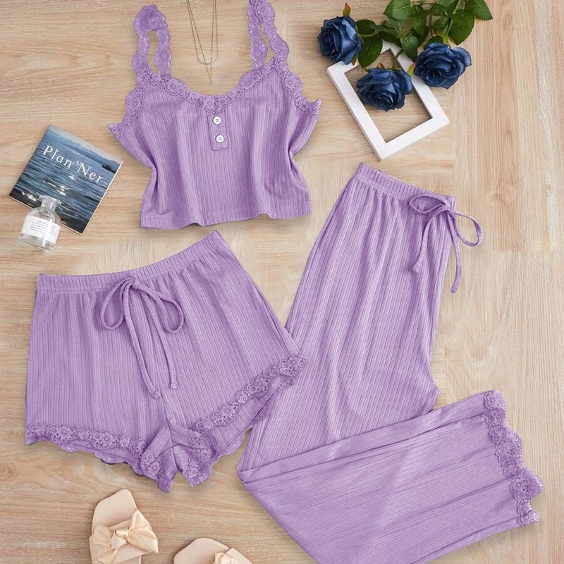 Bestselling Lace Trim Three-Piece Set: Camisole, Pants & Nightgown for Women