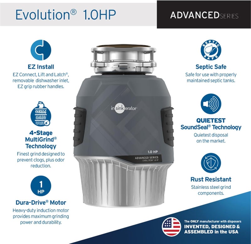 insinkerator InSinkErator EVOLUTION 1HP 1 HP Advanced Series Continuous Feed Food Waste Garbage Disposal Gray  - Image 2