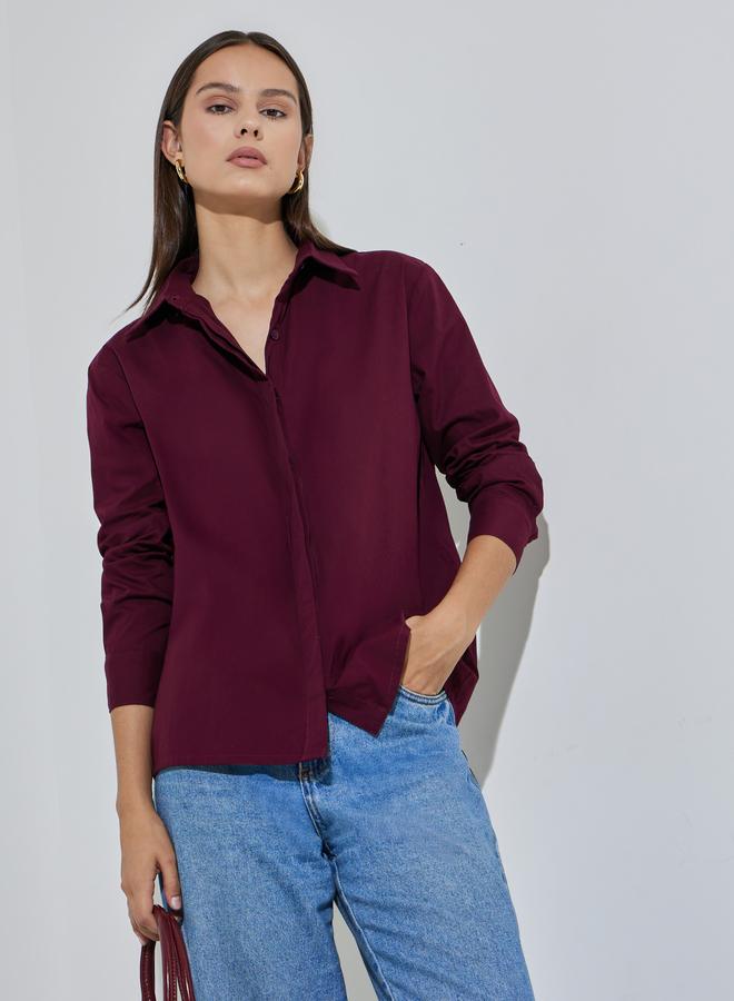 Styli Burgundy Solid Long Sleeves Regular Fit Shirt - Image 1