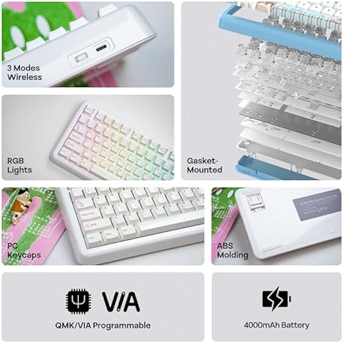KIIBOOM PHANTOM81 LITE 75% GASKET MECHANICAL KEYBOARD, QMK&VIA PROGRAMMABLE, 3 MODES WIRELESS GAMING KEYBOARD, RGB BACKLIGHTS, ABS CASE + UV TECH, HOT-SWAPPABLE FOR WINDOWS/MAC/LINUX (WHITE) - Image 3