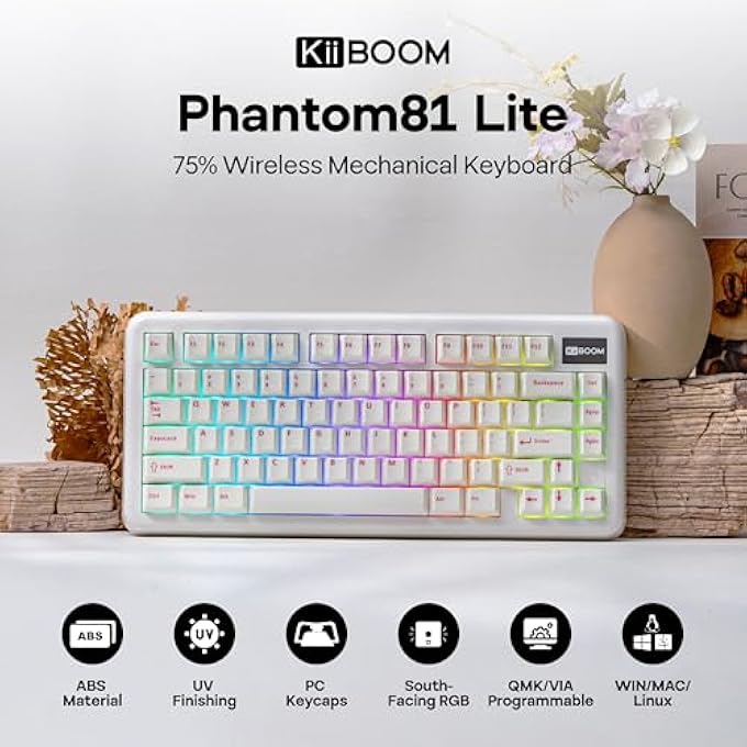 KIIBOOM PHANTOM81 LITE 75% GASKET MECHANICAL KEYBOARD, QMK&VIA PROGRAMMABLE, 3 MODES WIRELESS GAMING KEYBOARD, RGB BACKLIGHTS, ABS CASE + UV TECH, HOT-SWAPPABLE FOR WINDOWS/MAC/LINUX (WHITE) - Image 2