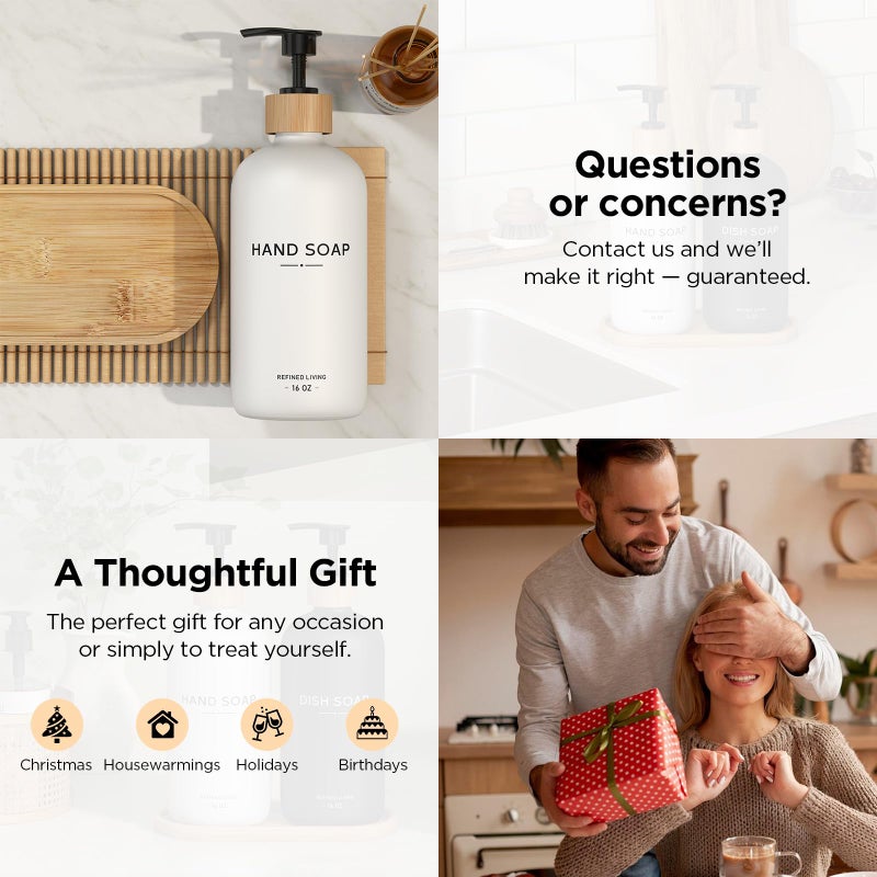 Aeakey Hand and Dish Soap Dispenser Set,16oz Glass Bottles with Printed Labels, Bamboo Tray & Pump,Countertop Soap Dispensers for Kitchen,Luxury, Minimalist & Farmhouse Decor (Hand Dish (Black/White)) - Image 3