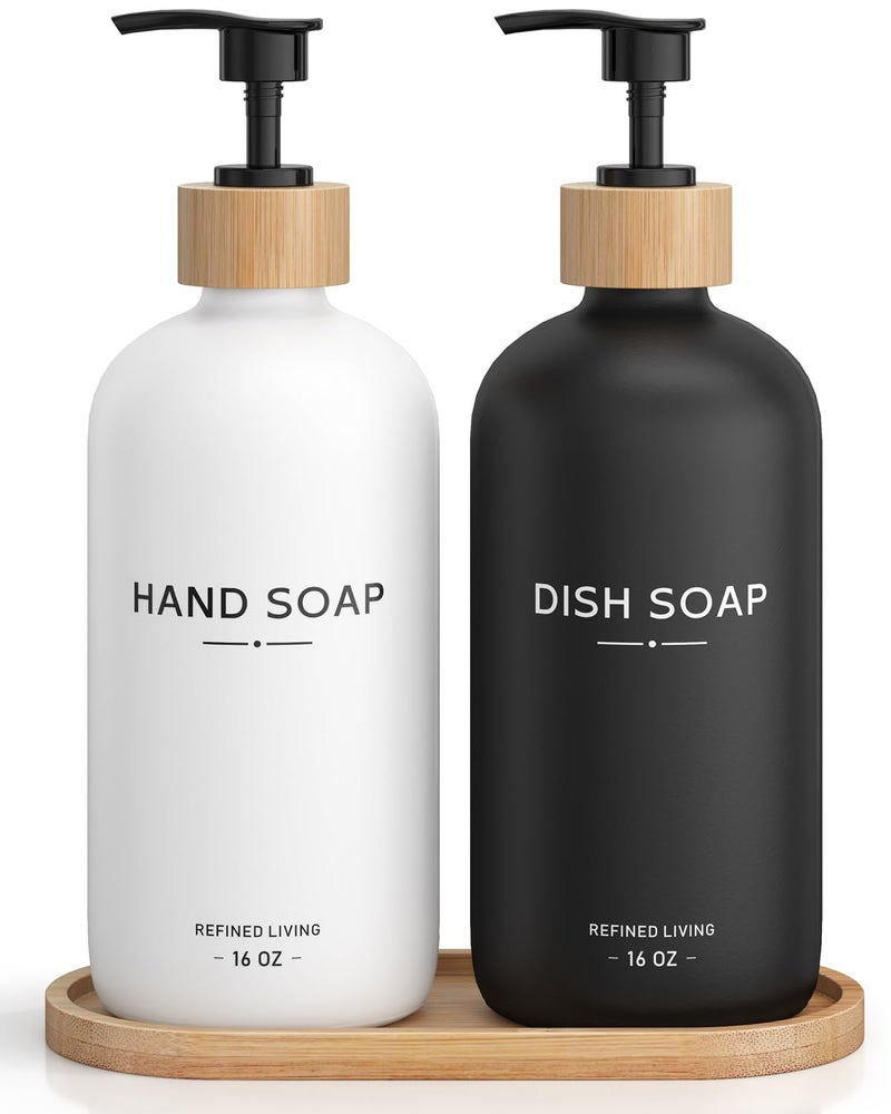 Aeakey Hand and Dish Soap Dispenser Set,16oz Glass Bottles with Printed Labels, Bamboo Tray & Pump,Countertop Soap Dispensers for Kitchen,Luxury, Minimalist & Farmhouse Decor (Hand Dish (Black/White)) - Image 1