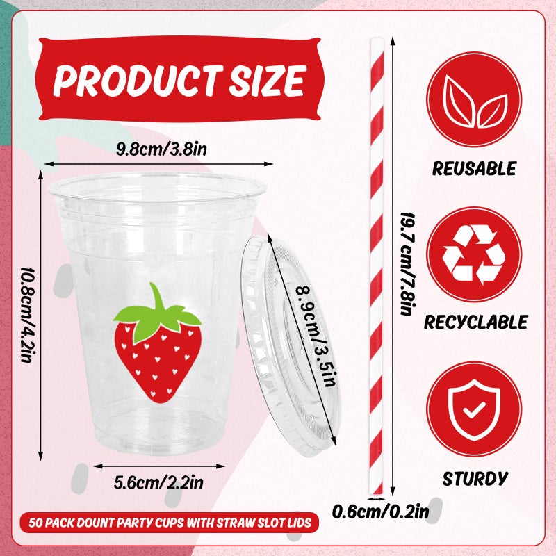 Whaline أكواب بلاستيكية قابلة للتصرف من واهلين 50 قطعة مع أغطية وقش 12 أونصة أكواب حفلات حمراء للفراولة لمشروبات باردة لحفلة عيد الميلاد الأول للطفل الحلو في الصيف - Image 2