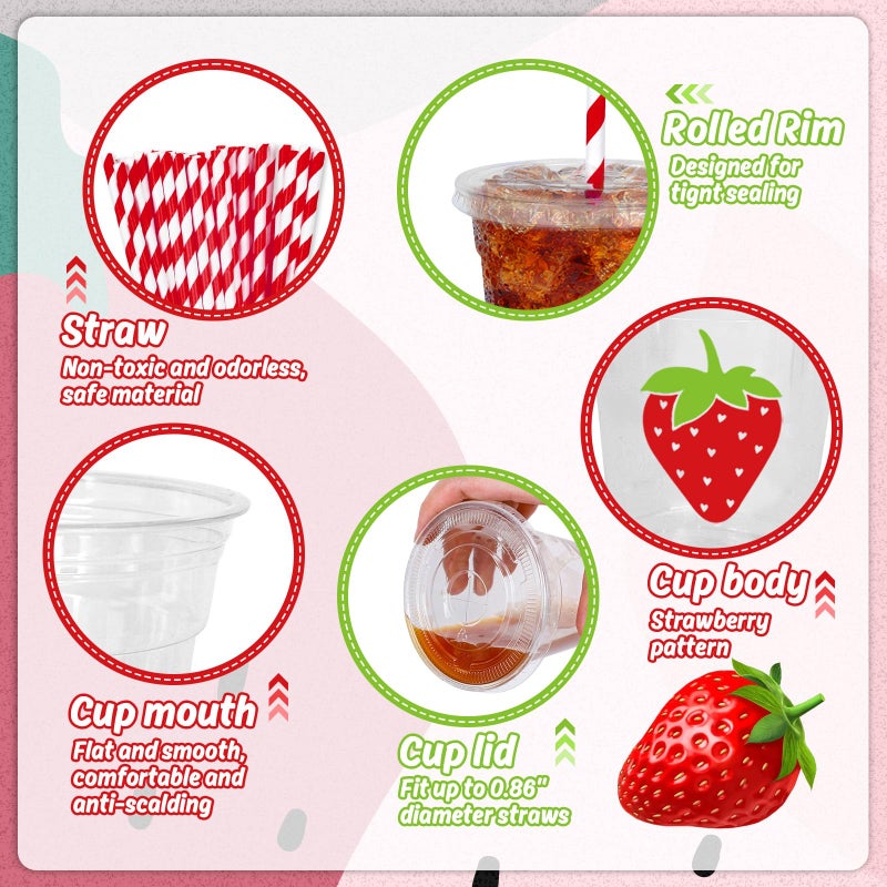Whaline أكواب بلاستيكية قابلة للتصرف من واهلين 50 قطعة مع أغطية وقش 12 أونصة أكواب حفلات حمراء للفراولة لمشروبات باردة لحفلة عيد الميلاد الأول للطفل الحلو في الصيف - Image 3